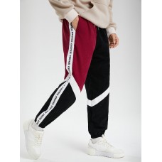 Men Corduroy Side Letter Ribbon Contrast Patchwork Casual Pants