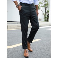 Men Pures Color Front Button Zipper Fly Ankle Length Work Pants