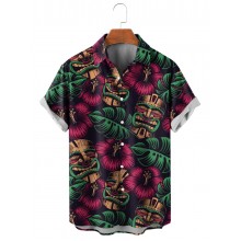 Men's Hawaiian Tiki Mask Print Short Sleeve Shirt