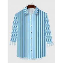 Stylish Blue Vertical Stripes Pattern Printing Men's Long Sleeve Shirt